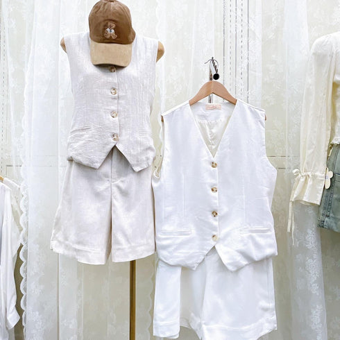 Linen Sleeveless Vest With Shorts Sets